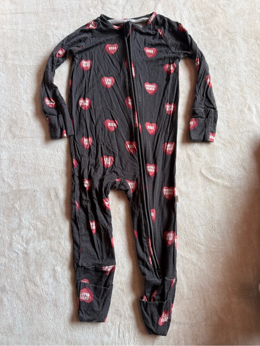 Kids Black Footed Pajamas with Red Heart Print